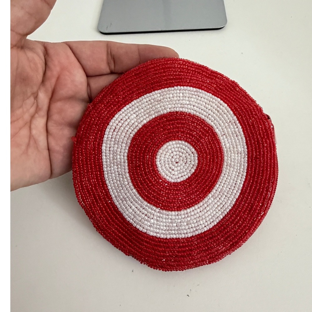 Red White Bullseye Target Beaded Coin Purse Round Seed Bead Zipper Pouch Small